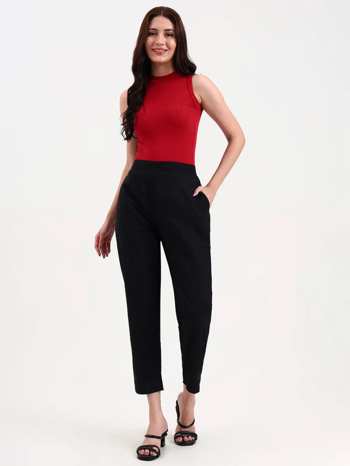 Black Woven Cotton Flex Trousers Slim Fit Regular Pant