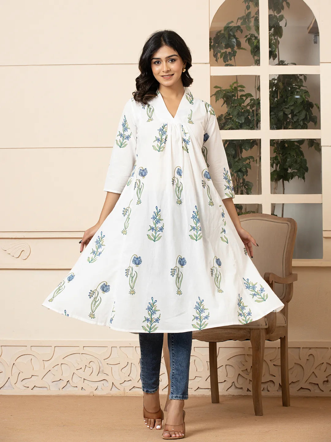 Blue & White Cotton Floral Print Aline Kurta-Yufta Store-6982KURBLS