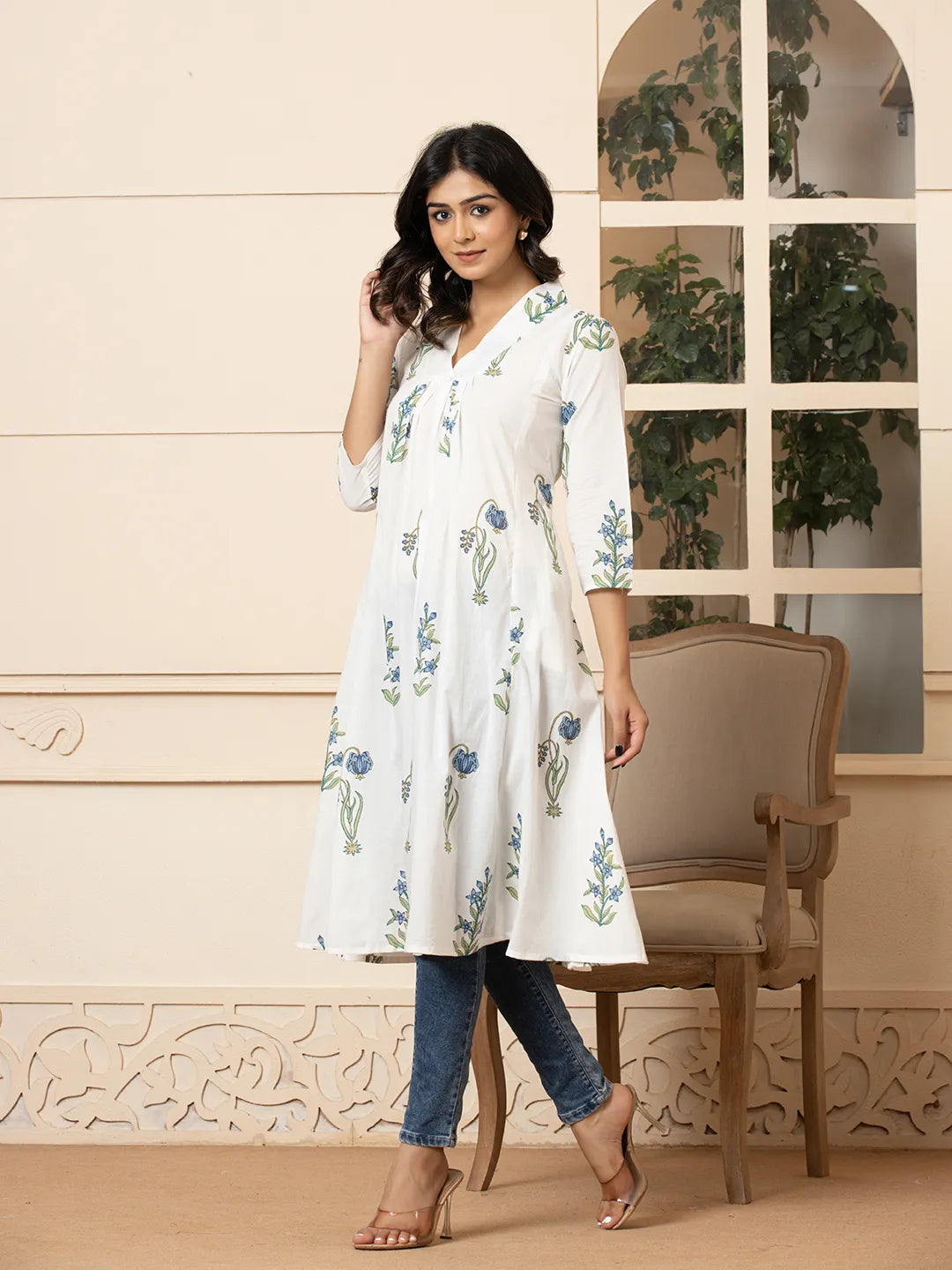 Blue & White Cotton Floral Print Aline Kurta-Yufta Store-6982KURBLS