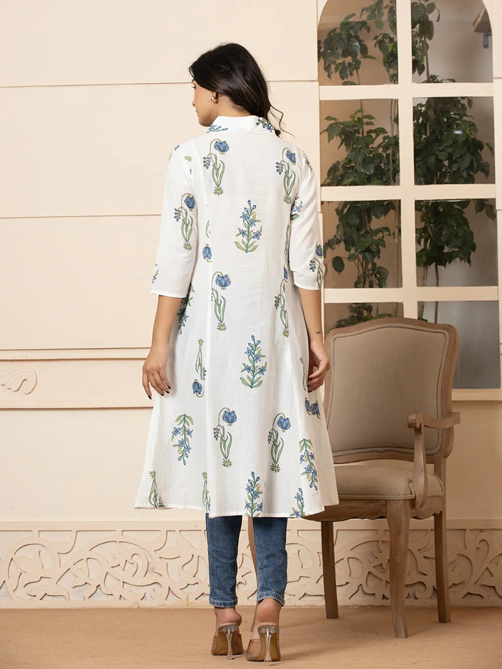 Blue & White Cotton Floral Print Aline Kurta-Yufta Store-6982KURBLS