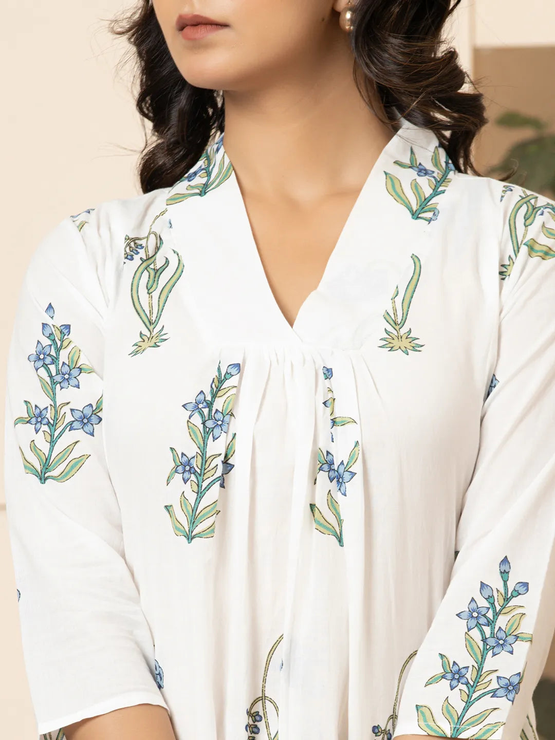 Blue & White Cotton Floral Print Aline Kurta-Yufta Store-6982KURBLS