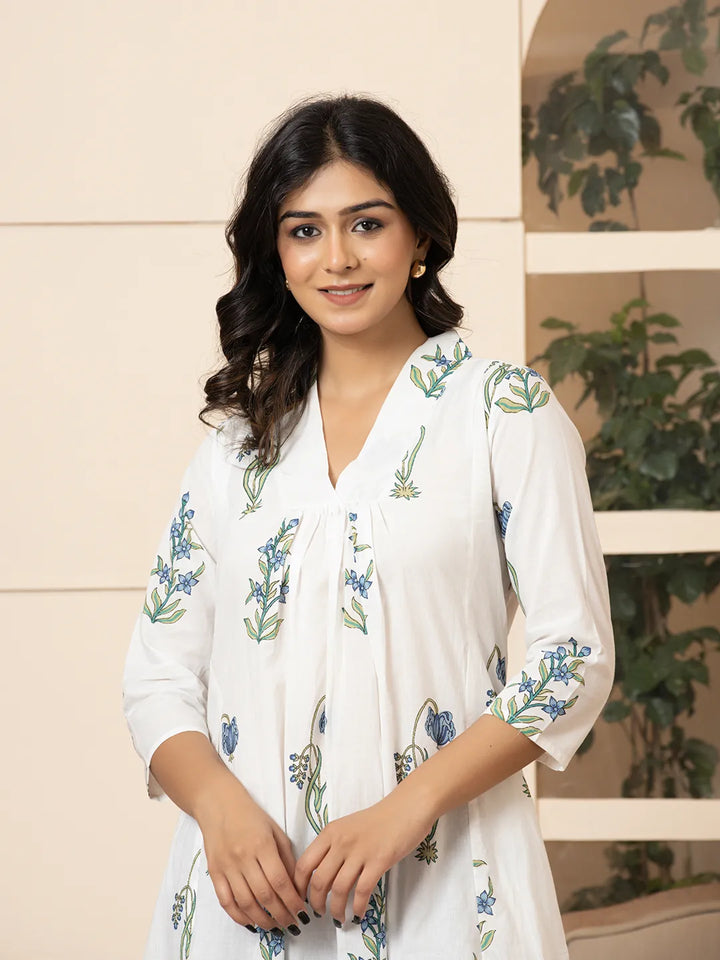 Blue & White Cotton Floral Print Aline Kurta-Yufta Store-6982KURBLS