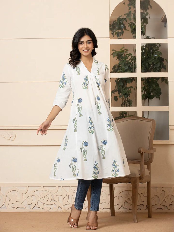 Blue & White Cotton Floral Print Aline Kurta-Yufta Store-6982KURBLS