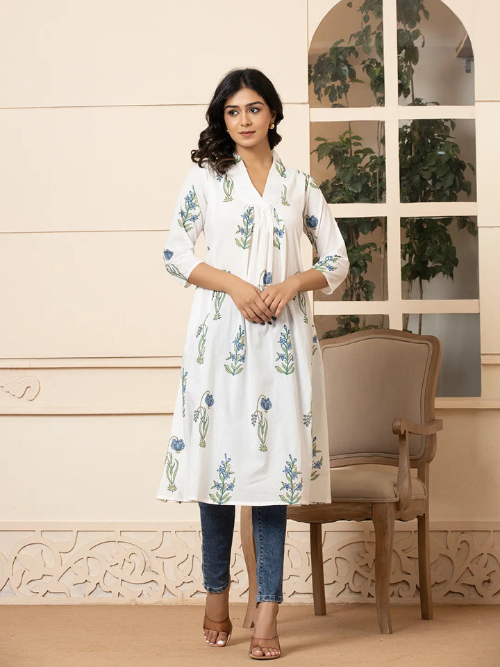 Blue & White Cotton Floral Print Aline Kurta-Yufta Store-6982KURBLS