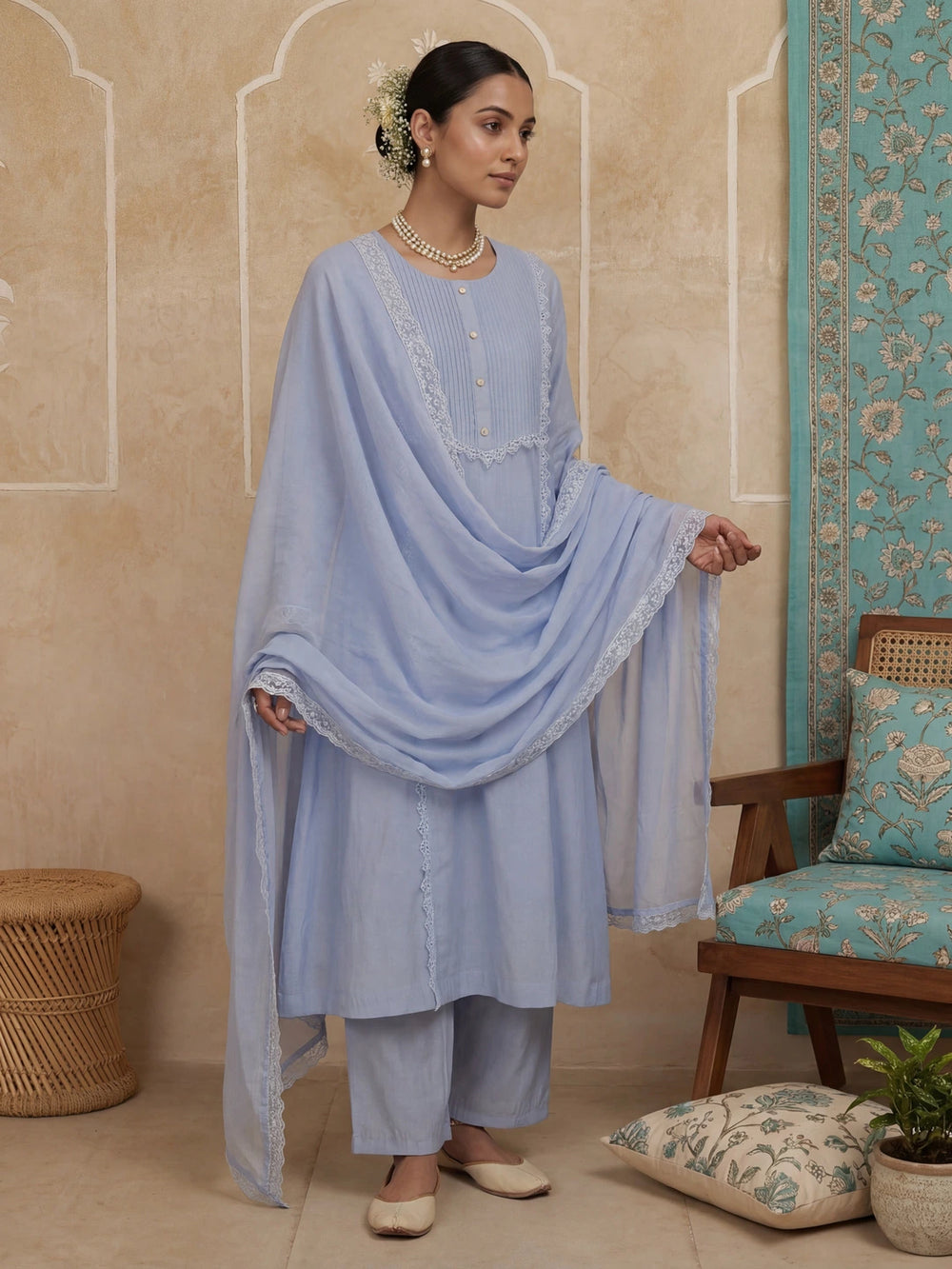Blue A-Line Lace-Work Design Lining Kurta Trouser Dupatta Set-Yufta Store-7484SKDSBM