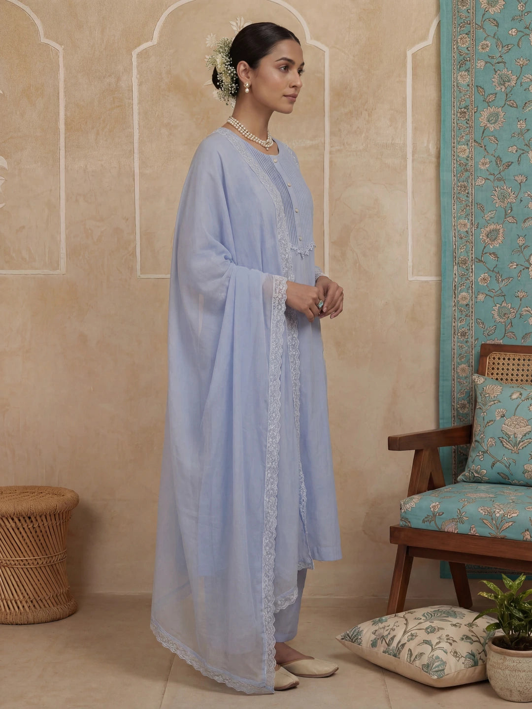 Blue A-Line Lace-Work Design Lining Kurta Trouser Dupatta Set-Yufta Store-7484SKDSBM