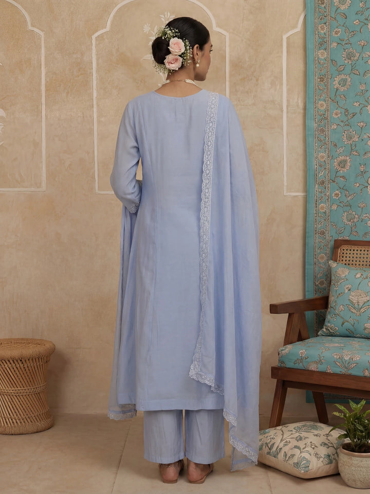 Blue A-Line Lace-Work Design Lining Kurta Trouser Dupatta Set-Yufta Store-7484SKDSBM