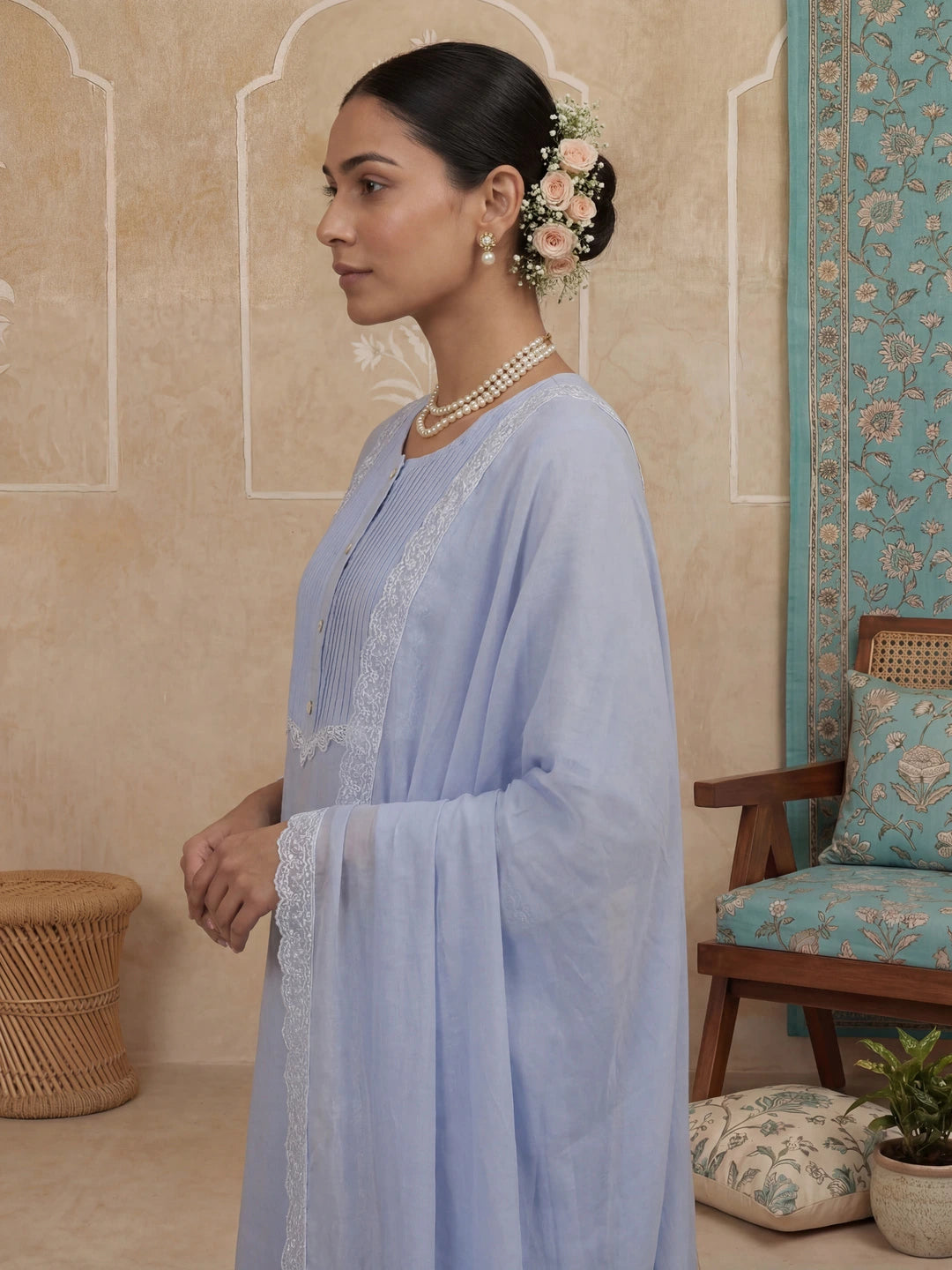 Blue A-Line Lace-Work Design Lining Kurta Trouser Dupatta Set-Yufta Store-7484SKDSBM