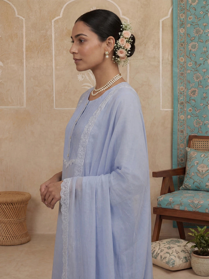 Blue A-Line Lace-Work Design Lining Kurta Trouser Dupatta Set-Yufta Store-7484SKDSBM