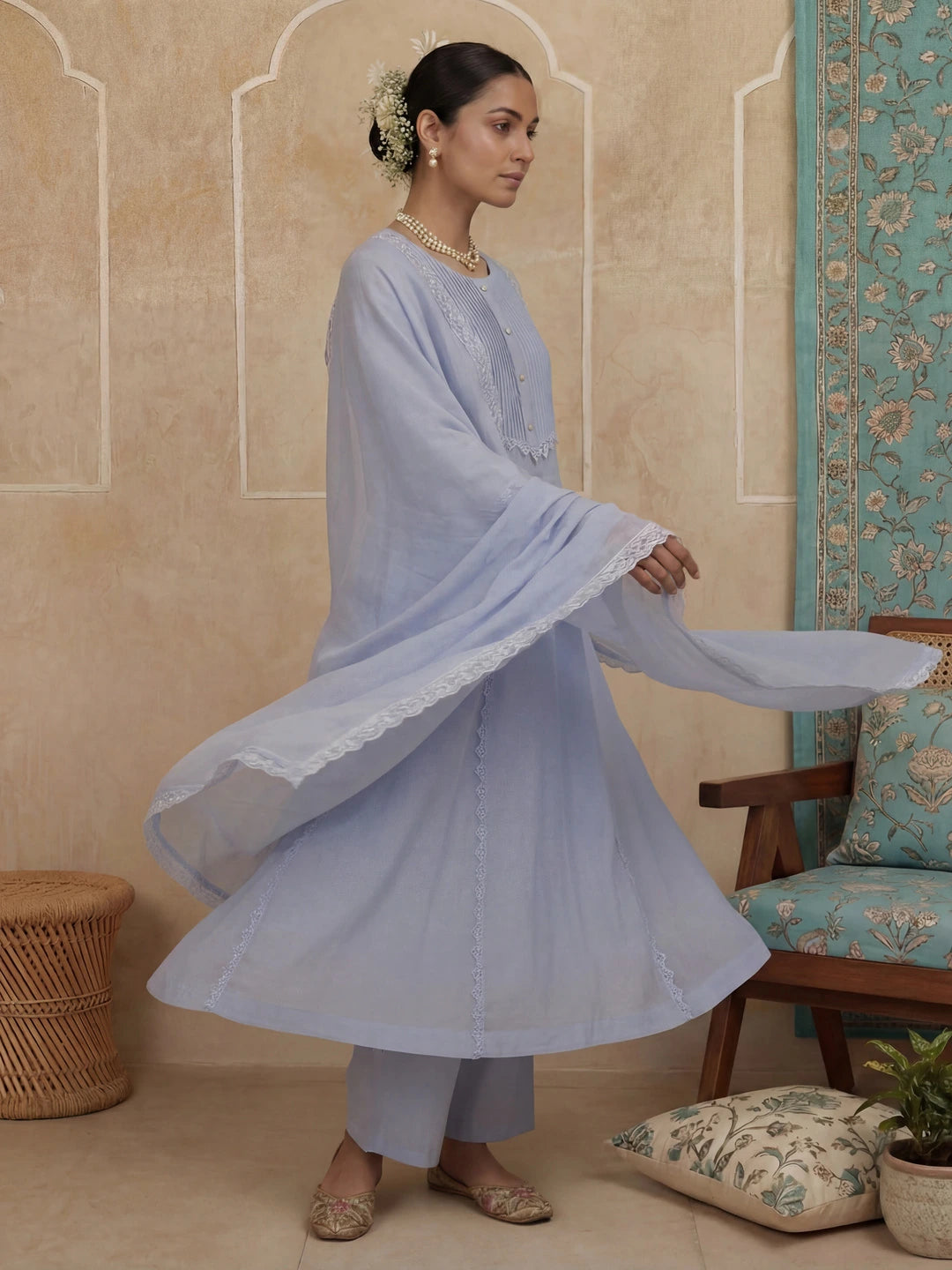 Blue A-Line Lace-Work Design Lining Kurta Trouser Dupatta Set-Yufta Store-7484SKDSBM