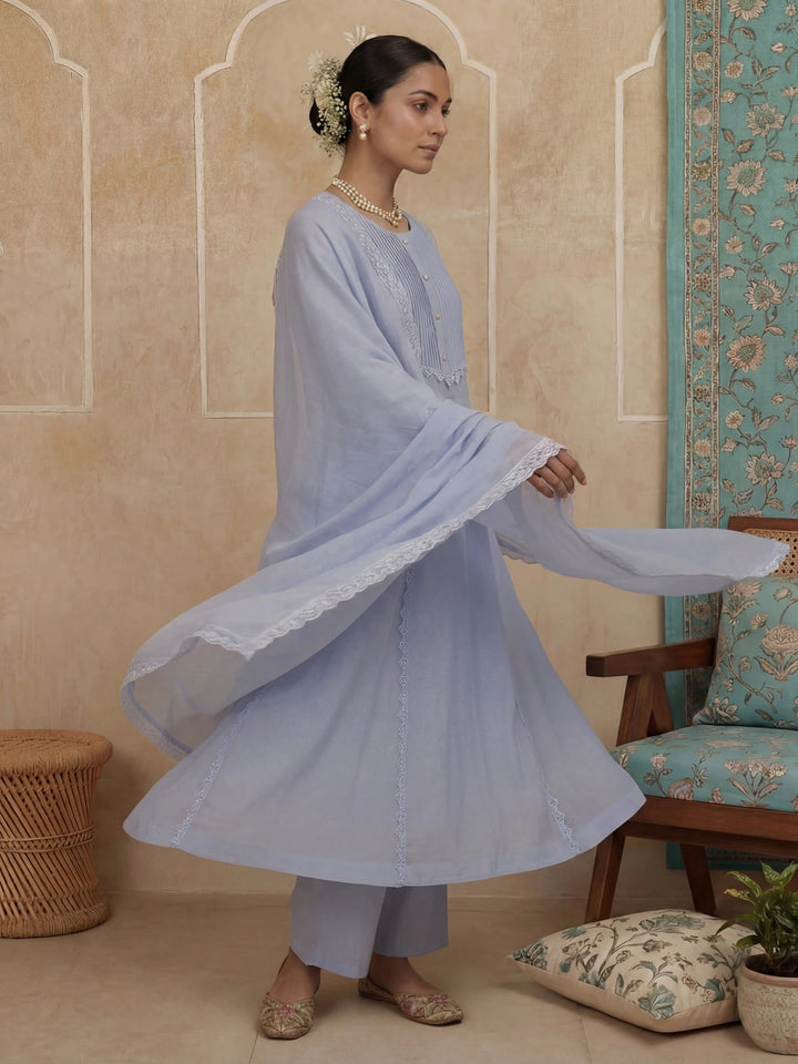 Blue A-Line Lace-Work Design Lining Kurta Trouser Dupatta Set-Yufta Store-7484SKDSBM