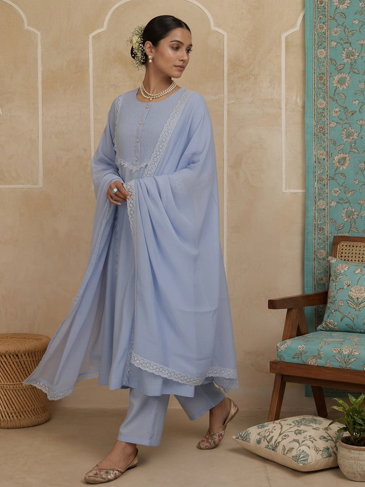 Blue A-Line Lace-Work Design Lining Kurta Trouser Dupatta Set-Yufta Store-7484SKDSBM