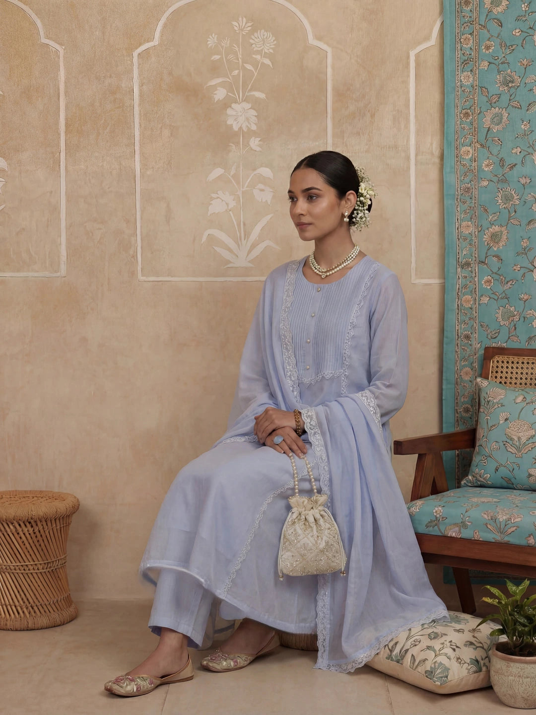 Blue A-Line Lace-Work Design Lining Kurta Trouser Dupatta Set-Yufta Store-7484SKDSBM
