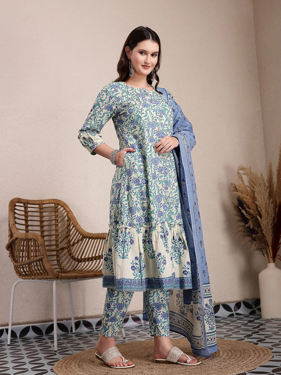Blue And Beige Pure Cotton Floral Print Tiered Kurta Dupatta Set-Yufta Store-6495SKDBLM