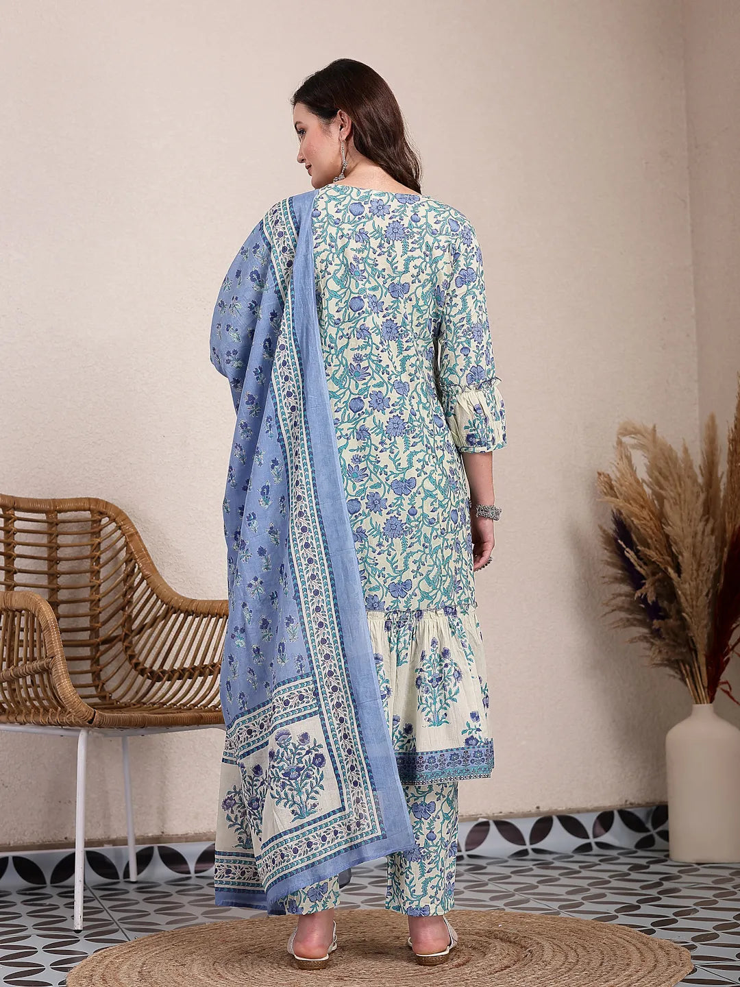 Blue And Beige Pure Cotton Floral Print Tiered Kurta Dupatta Set-Yufta Store-6495SKDBLM