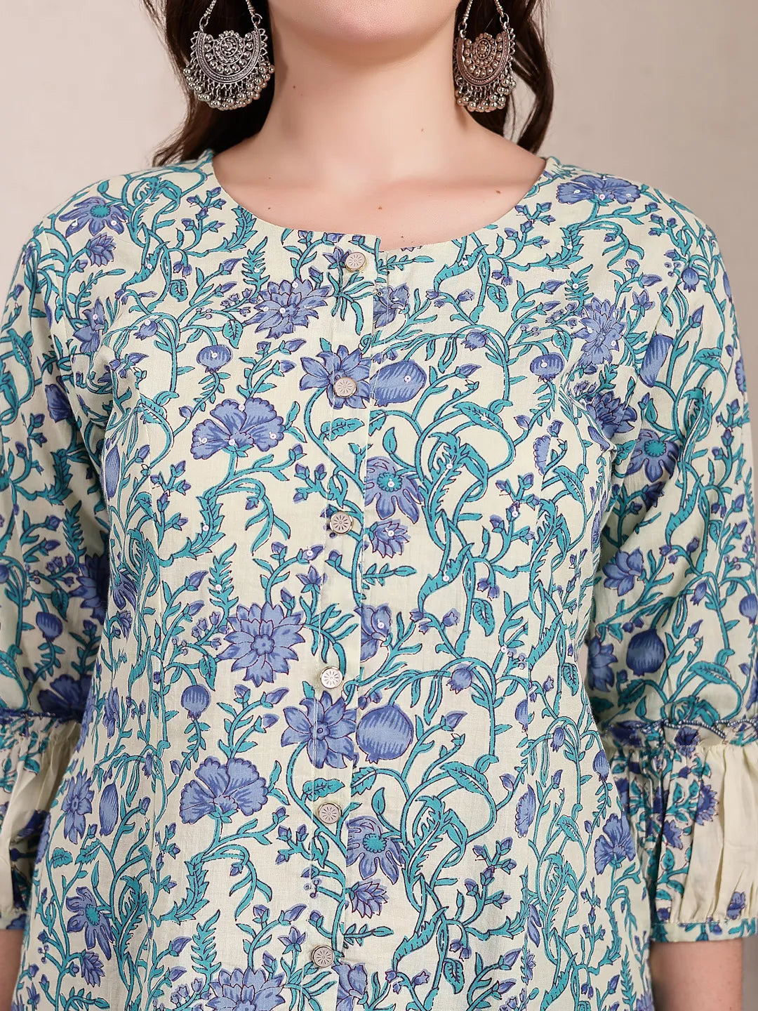 Blue And Beige Pure Cotton Floral Print Tiered Kurta Dupatta Set-Yufta Store-6495SKDBLM