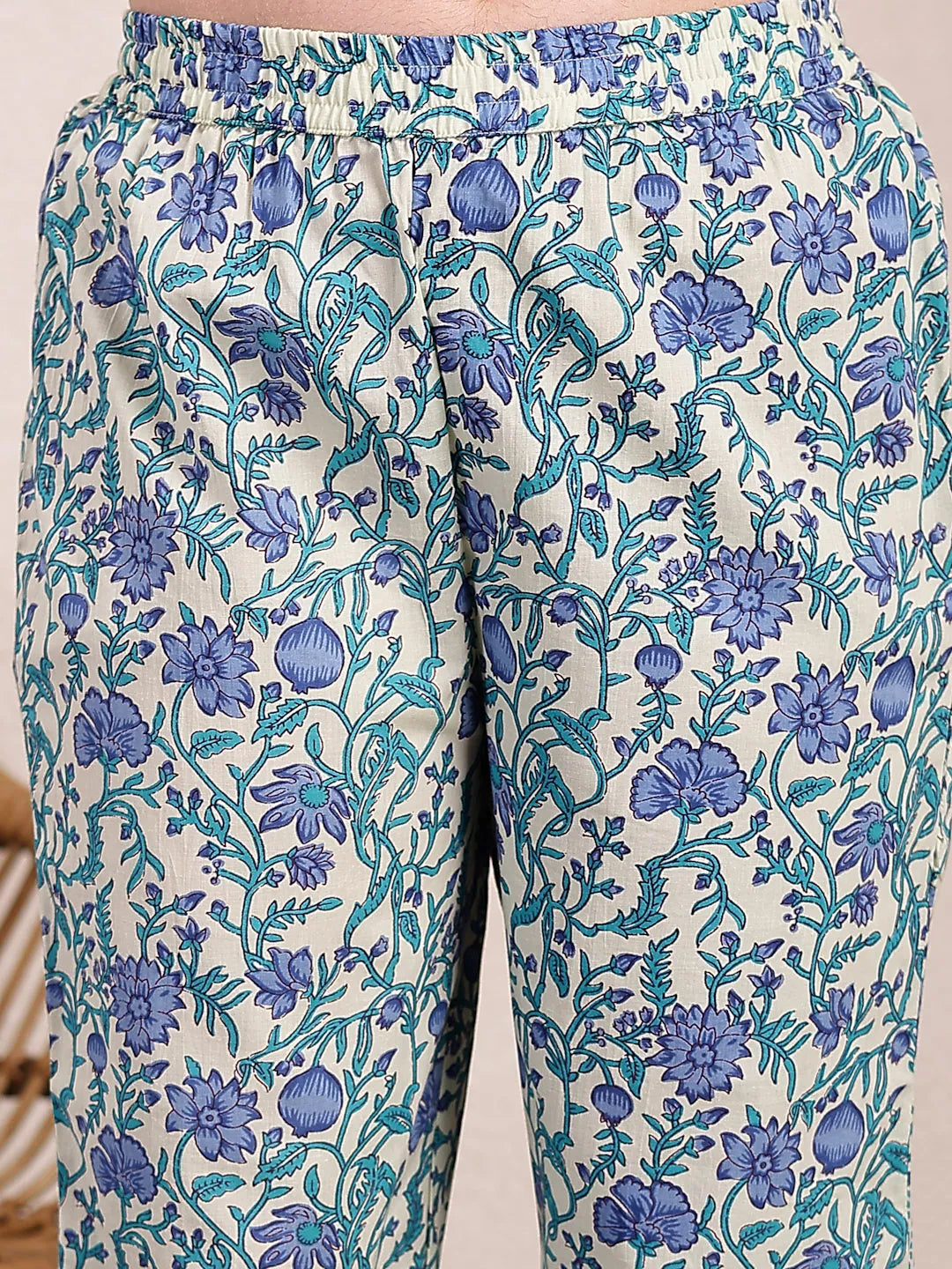 Blue And Beige Pure Cotton Floral Print Tiered Kurta Dupatta Set-Yufta Store-6495SKDBLM