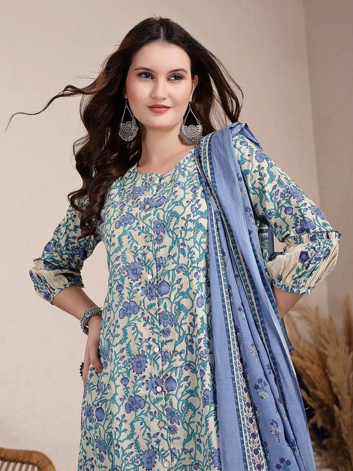Blue And Beige Pure Cotton Floral Print Tiered Kurta Dupatta Set-Yufta Store-6495SKDBLM