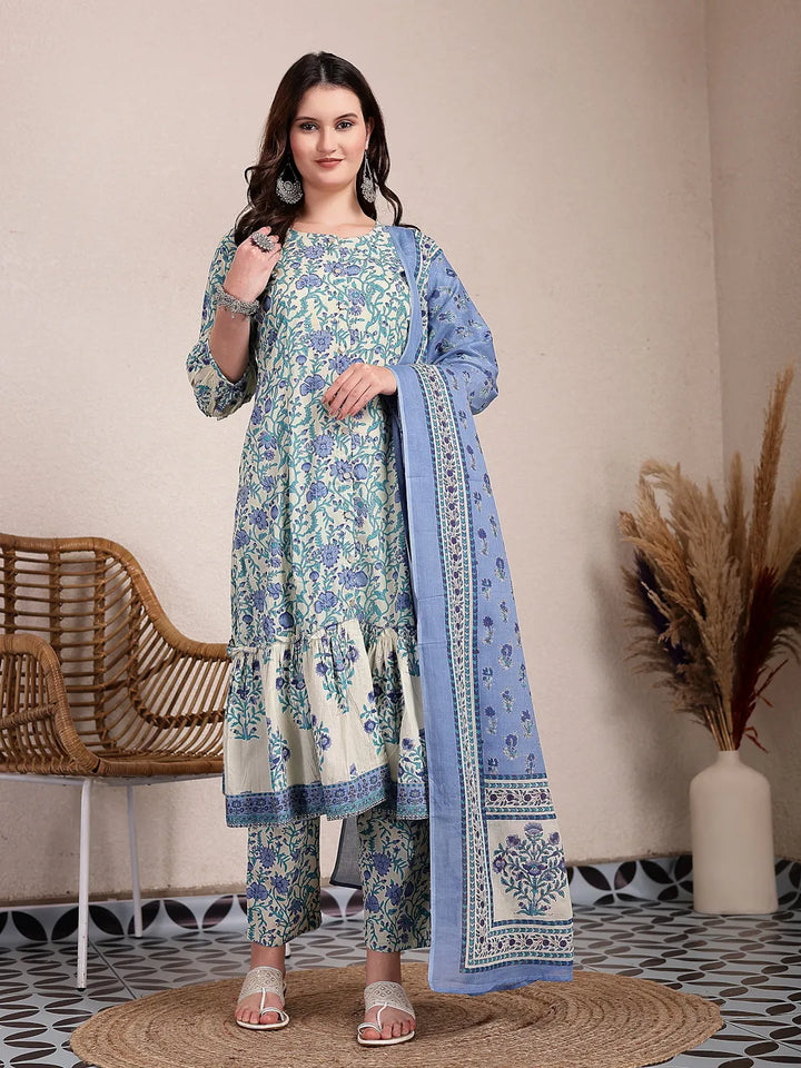 Blue And Beige Pure Cotton Floral Print Tiered Kurta Dupatta Set-Yufta Store-6495SKDBLM