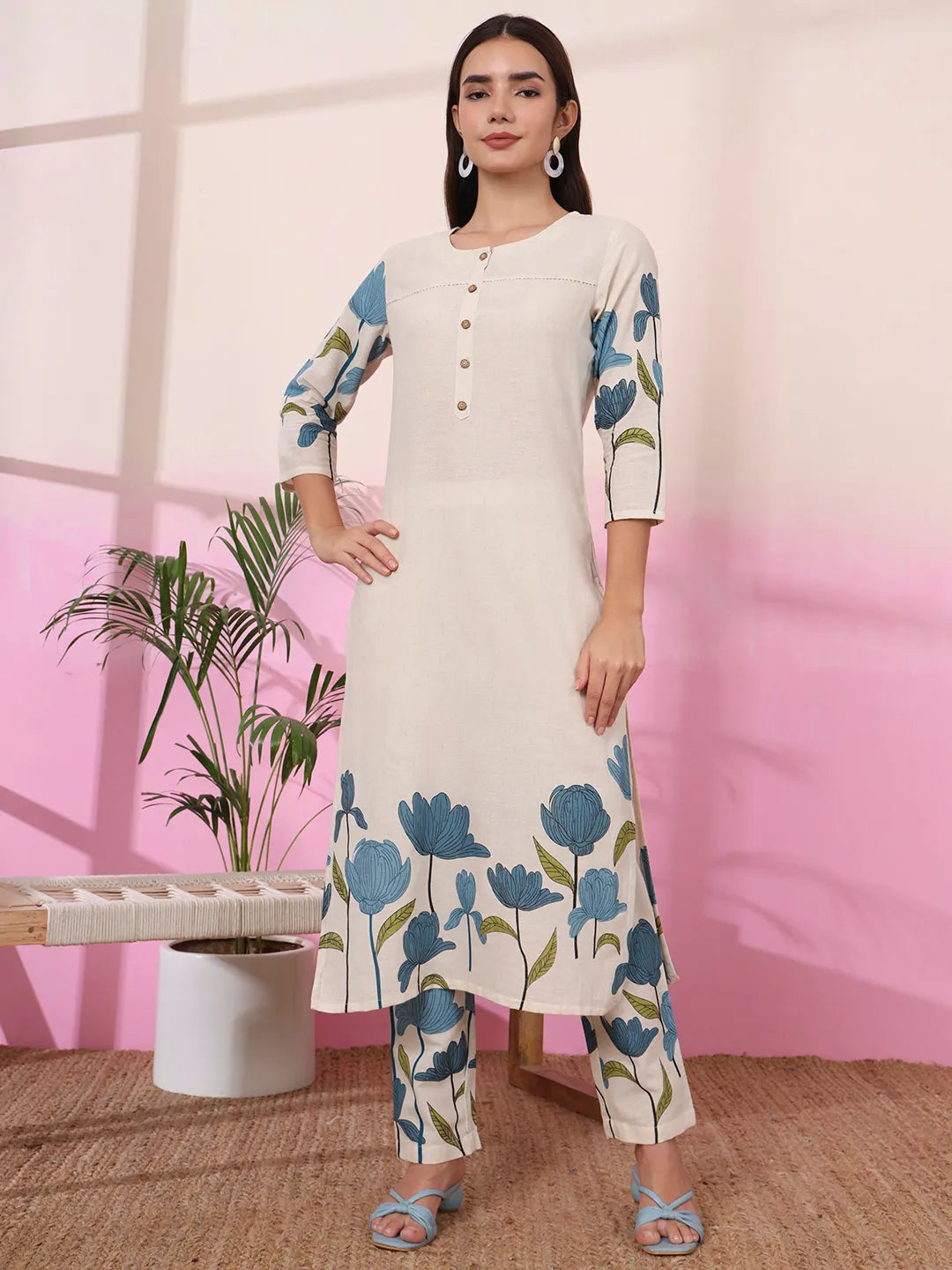 Blue And Cream Cotton Floral Print Straight Kurta Trouser Set-Yufta Store-1064SETBLS
