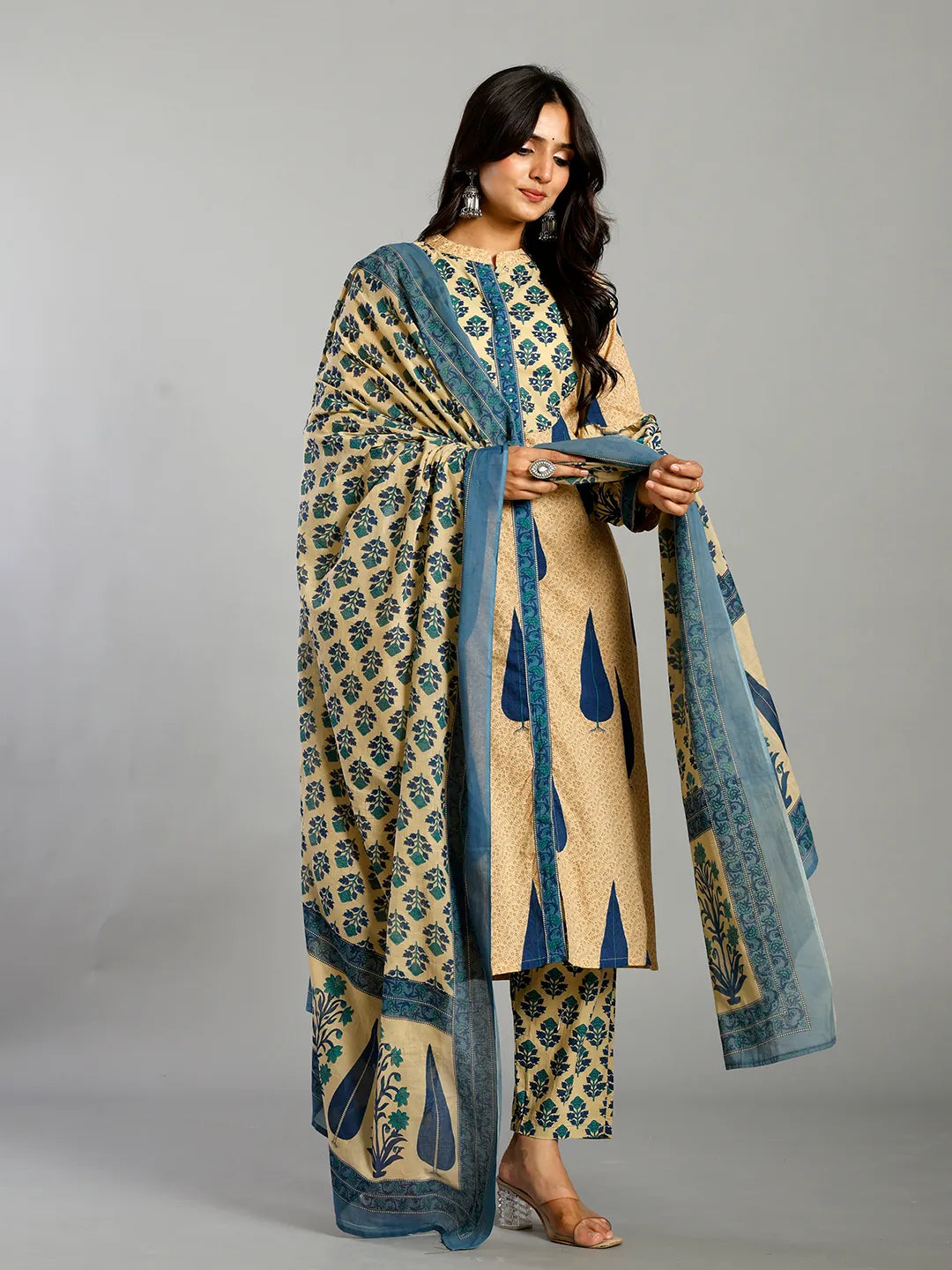 Blue And Cream Ethnic Motifs Cotton A-Line Kurta Trouser Dupatta Set