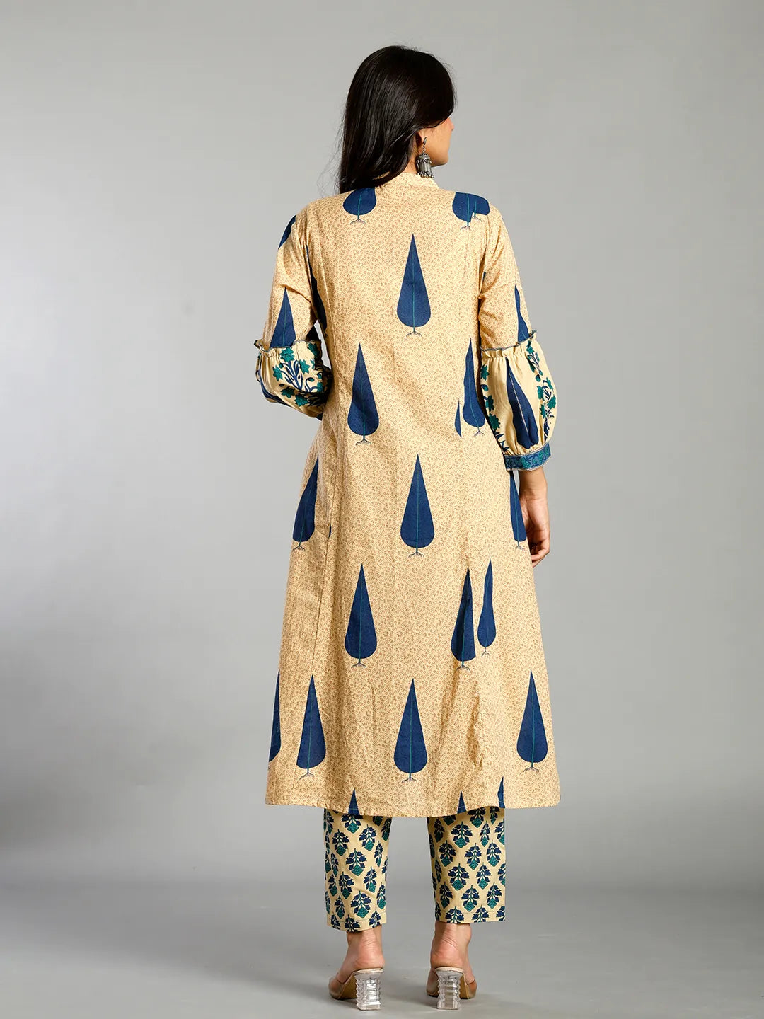 Blue And Cream Ethnic Motifs Cotton A-Line Kurta Trouser Dupatta Set