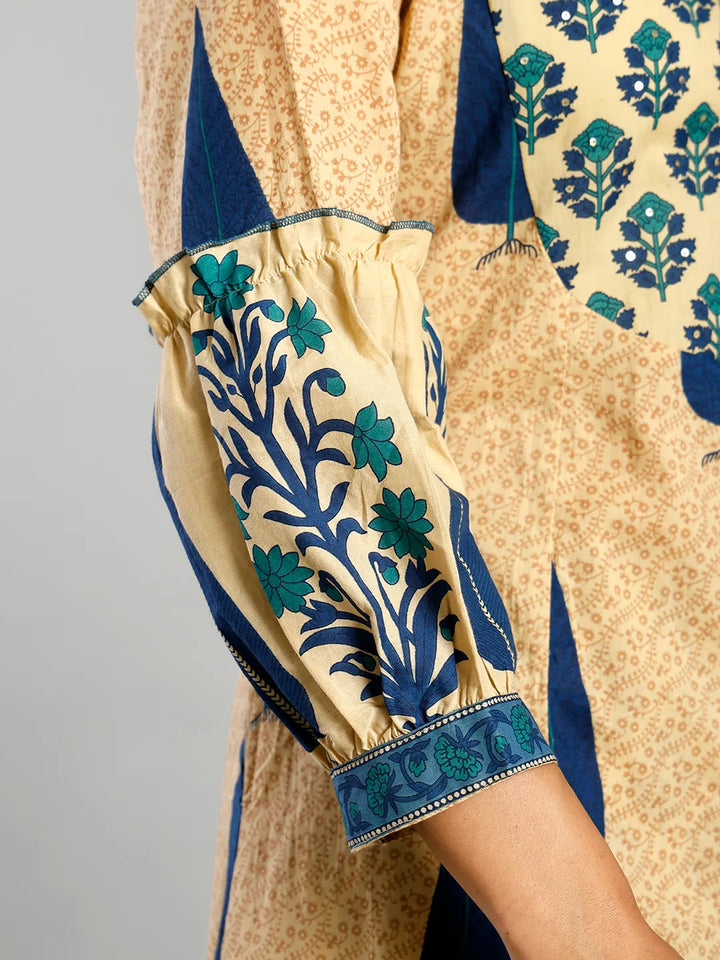 Blue And Cream Ethnic Motifs Cotton A-Line Kurta Trouser Dupatta Set