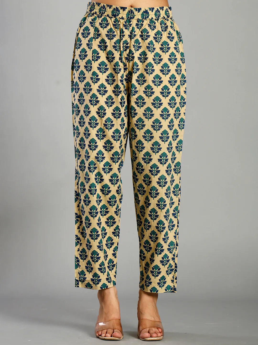 Blue And Cream Ethnic Motifs Cotton A-Line Kurta Trouser Dupatta Set