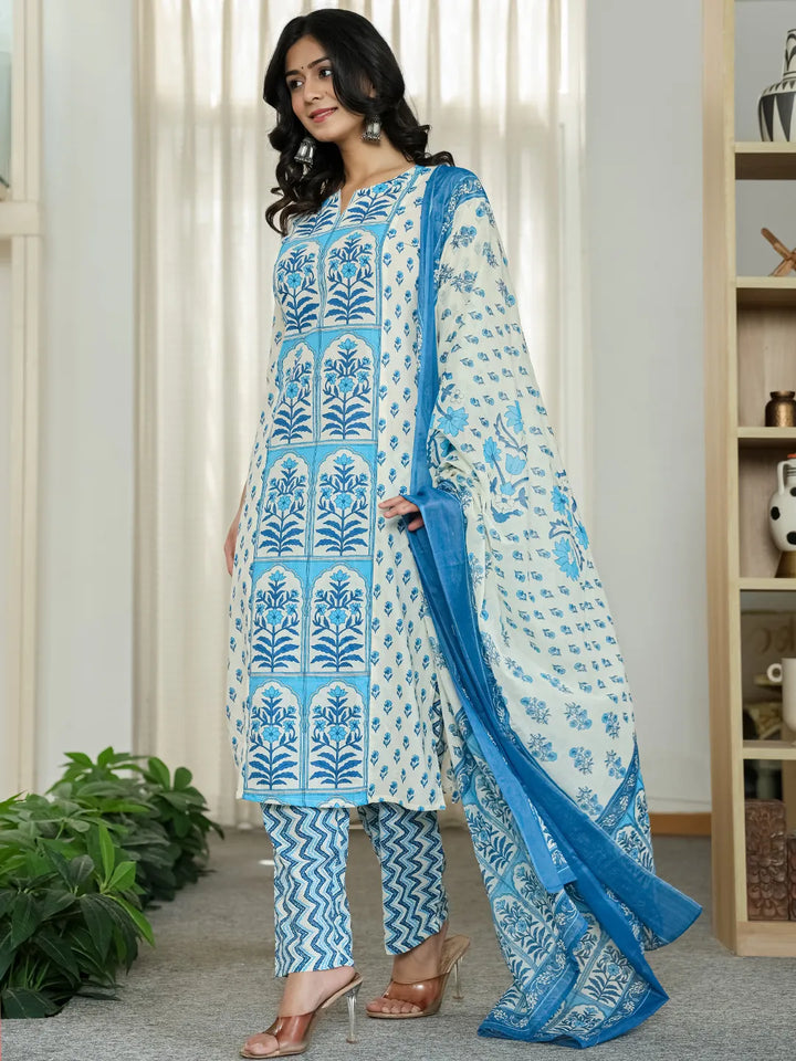 Blue And White Ethnic Motifs Straight Kurta Trouser Dupatta Set-Yufta Store-6519SKDBLM