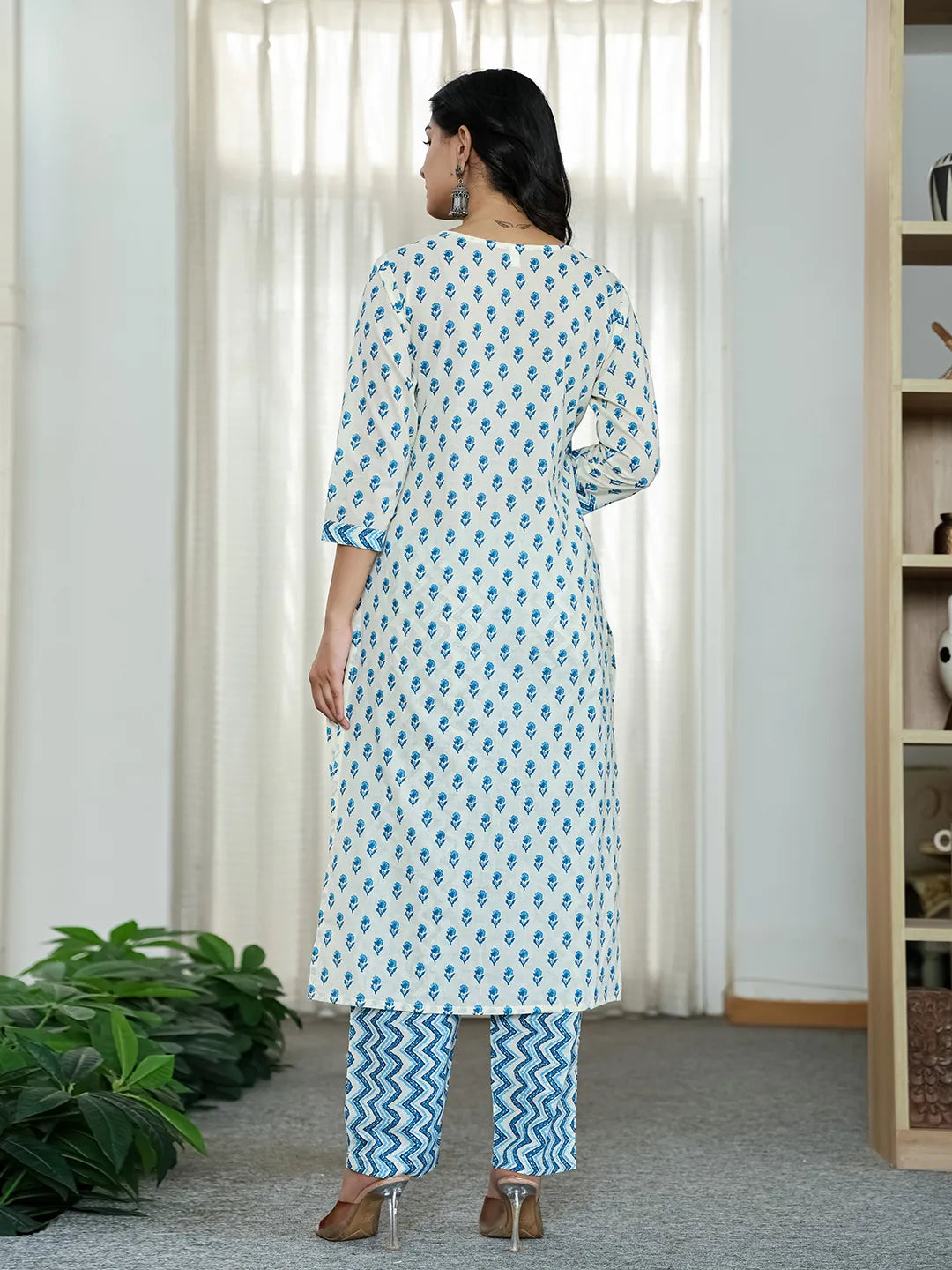 Blue And White Ethnic Motifs Straight Kurta Trouser Dupatta Set-Yufta Store-6519SKDBLM