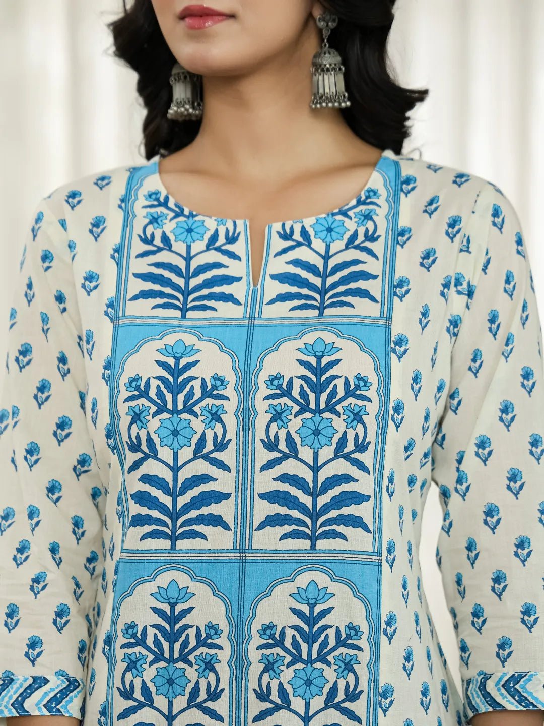 Blue And White Ethnic Motifs Straight Kurta Trouser Dupatta Set-Yufta Store-6519SKDBLM