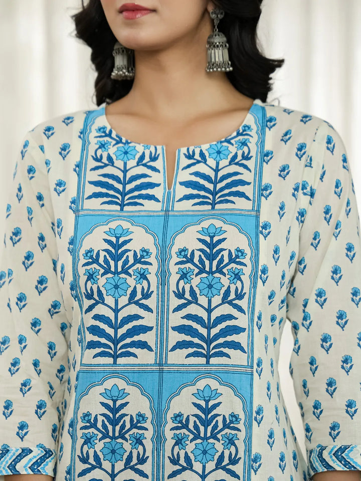 Blue And White Ethnic Motifs Straight Kurta Trouser Dupatta Set-Yufta Store-6519SKDBLM