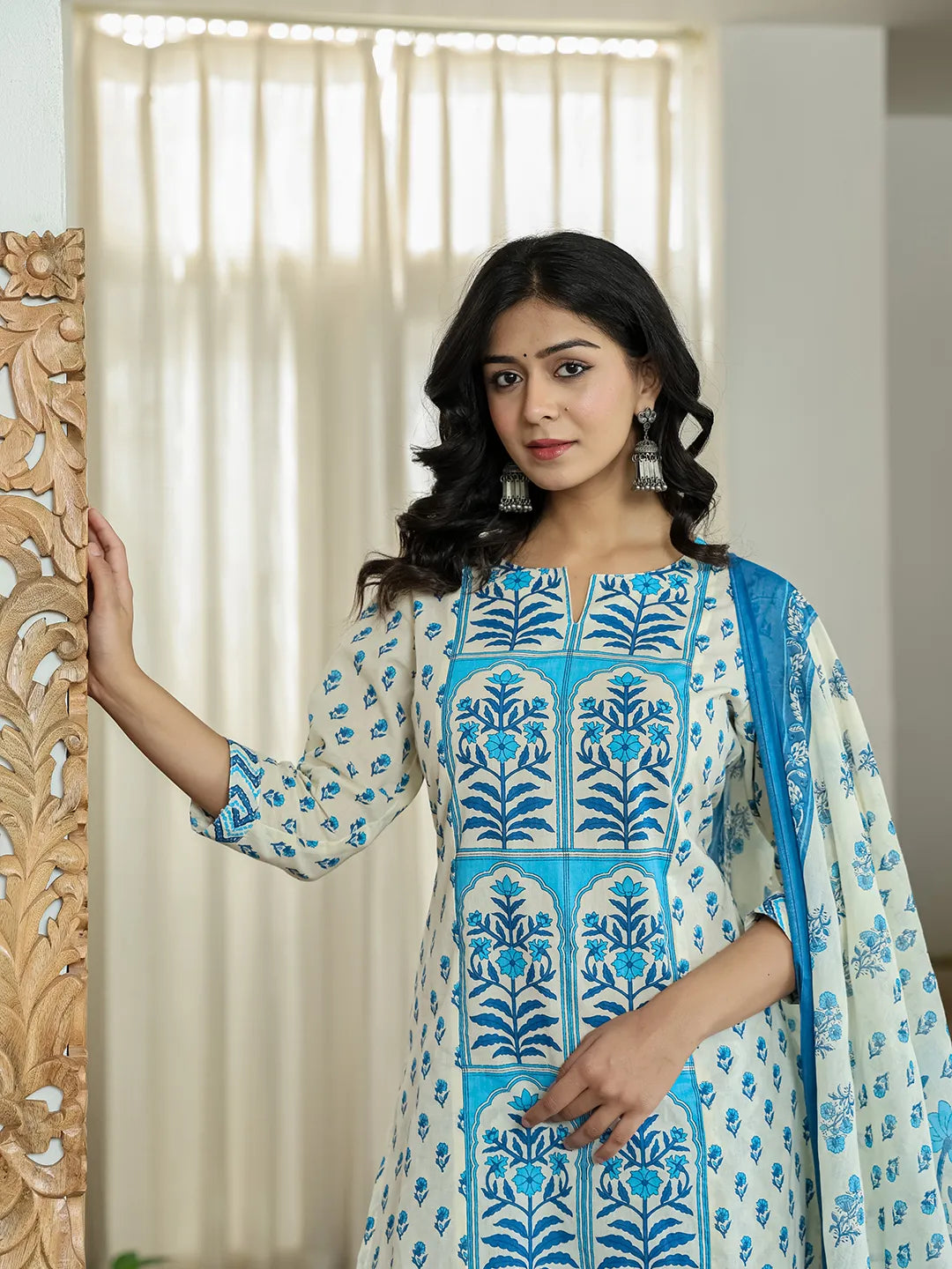 Blue And White Ethnic Motifs Straight Kurta Trouser Dupatta Set-Yufta Store-6519SKDBLM