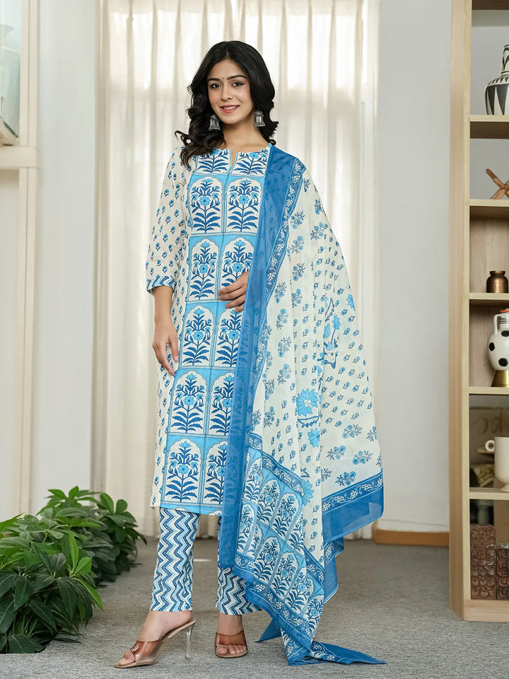 Blue And White Ethnic Motifs Straight Kurta Trouser Dupatta Set-Yufta Store-6519SKDBLM