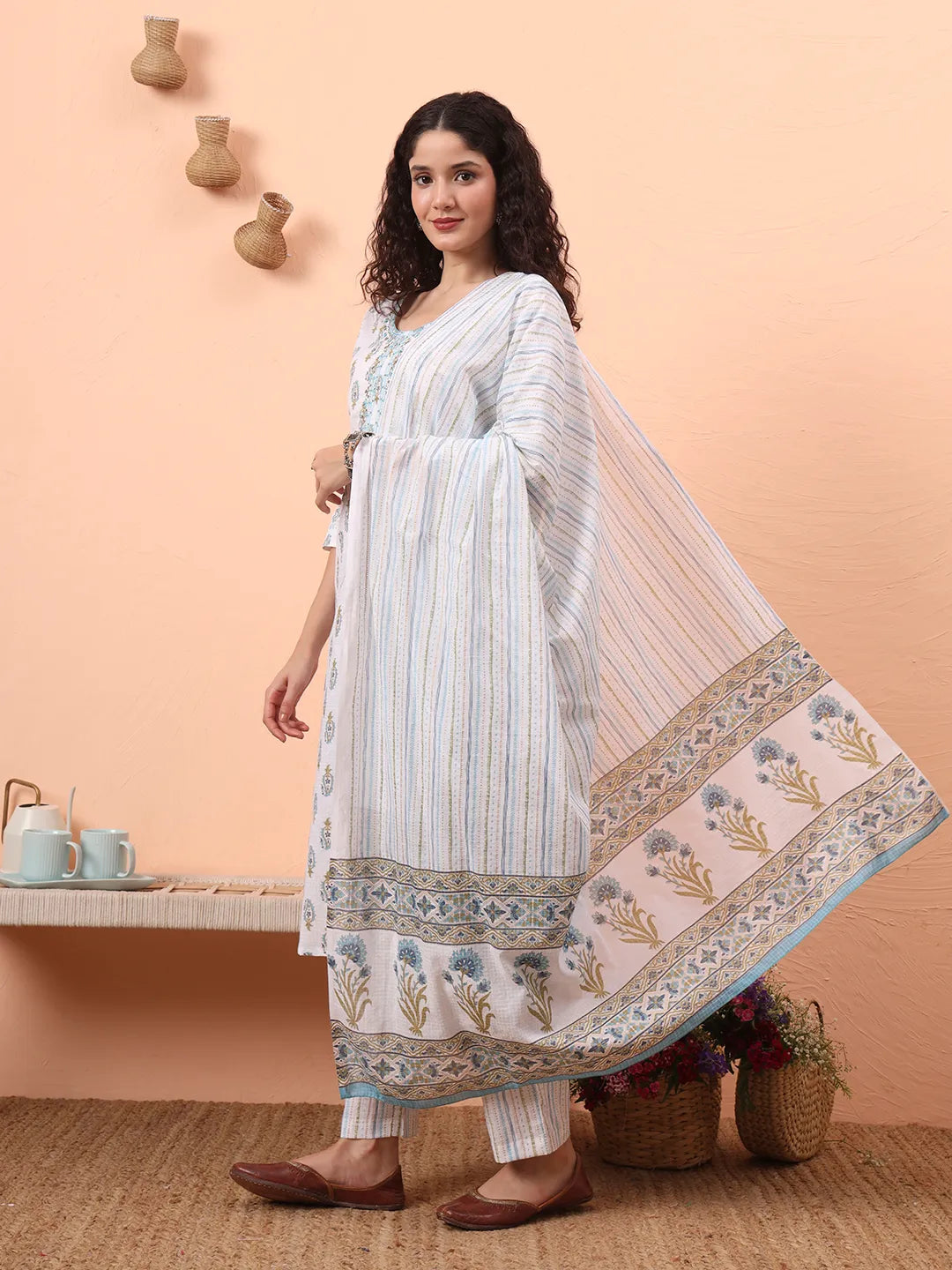 Blue And White Pure Cotton Kurta Dupatta Pant Set