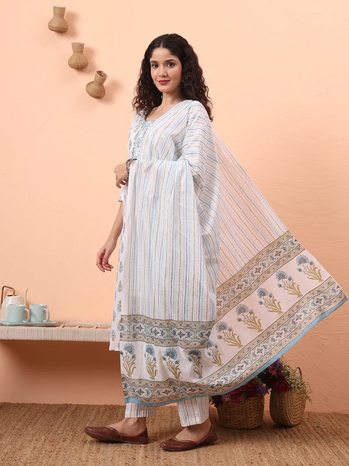 Blue And White Pure Cotton Kurta Dupatta Pant Set