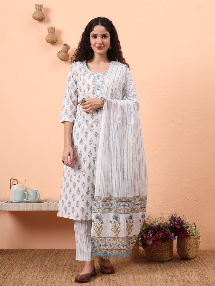 Blue And White Pure Cotton Kurta Dupatta Pant Set
