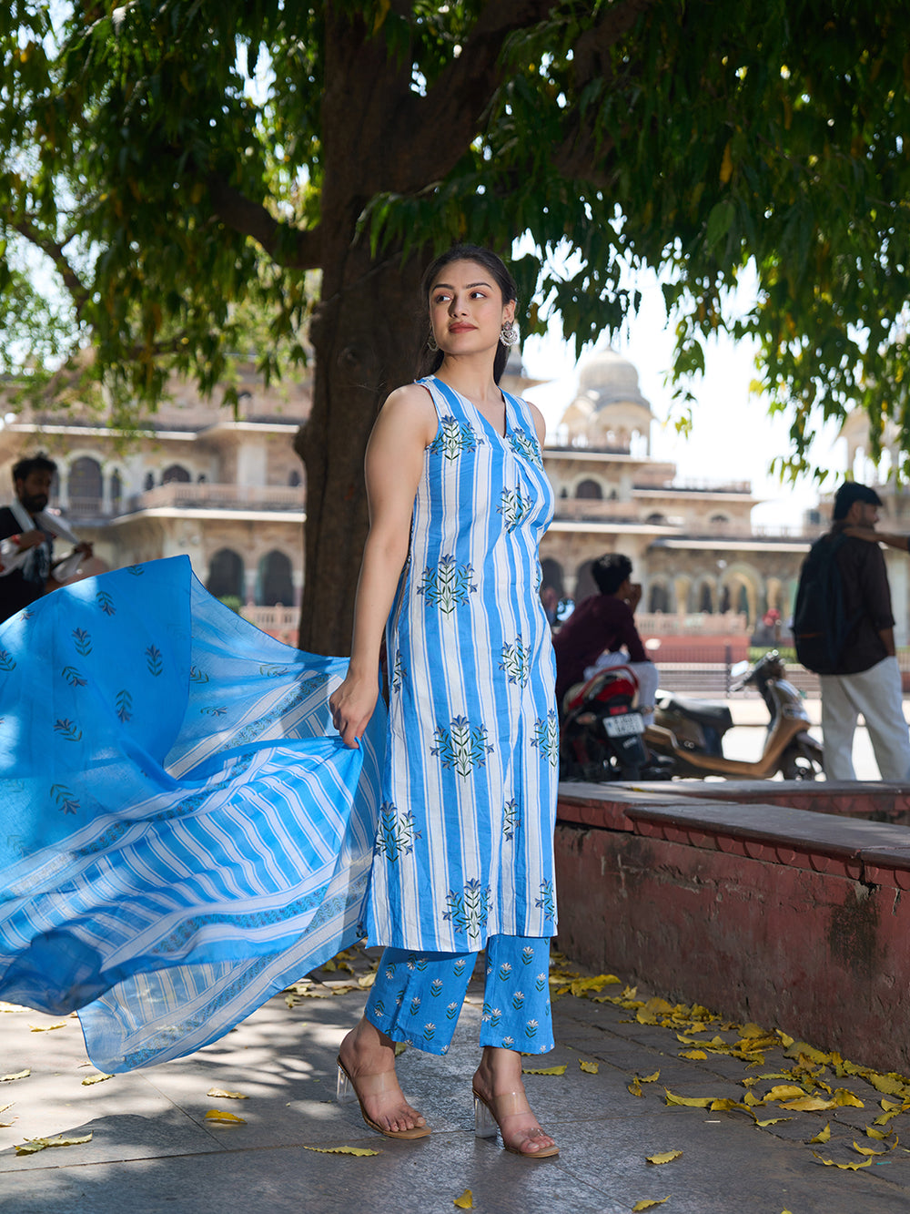 Blue And White Striped A-Line Design Kurta Trouser Dupatta Set-Yufta Store-7460SKDBLS