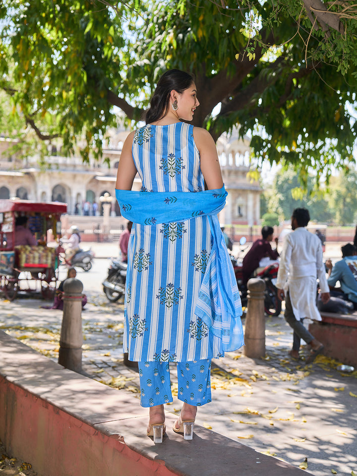 Blue And White Striped A-Line Design Kurta Trouser Dupatta Set-Yufta Store-7460SKDBLS