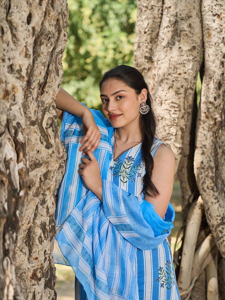 Blue And White Striped A-Line Design Kurta Trouser Dupatta Set-Yufta Store-7460SKDBLS