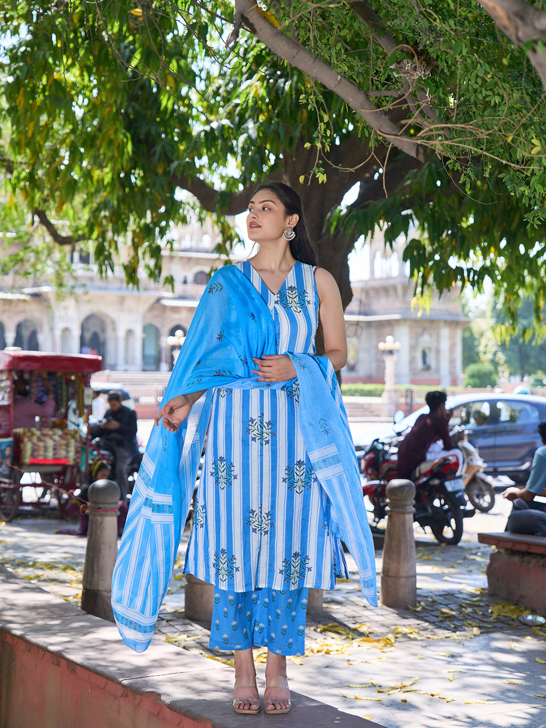 Blue And White Striped A-Line Design Kurta Trouser Dupatta Set-Yufta Store-7460SKDBLS
