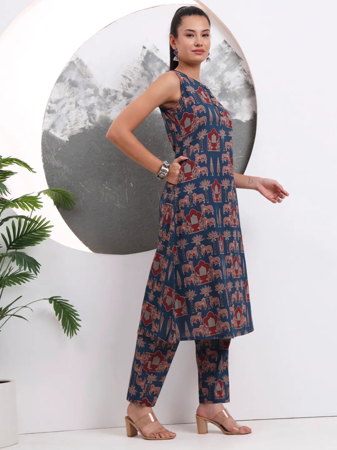 Blue Animal Print Aline Pure Cotton Kurta Trouser Set-Yufta Store-6767SETBLS