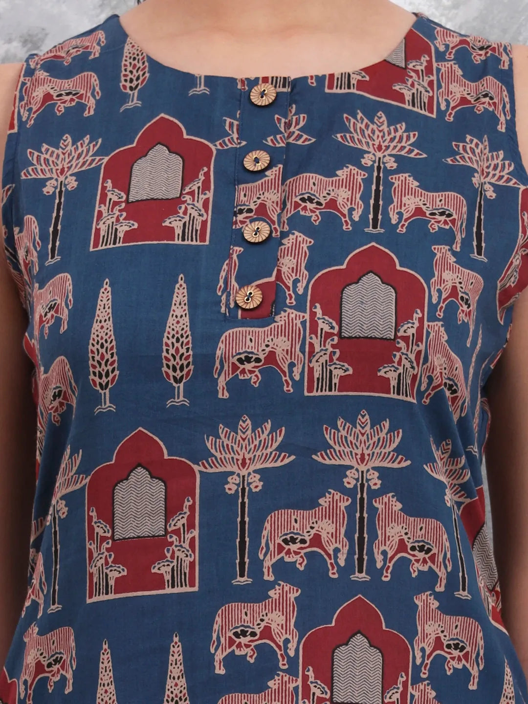 Blue Animal Print Aline Pure Cotton Kurta Trouser Set-Yufta Store-6767SETBLS