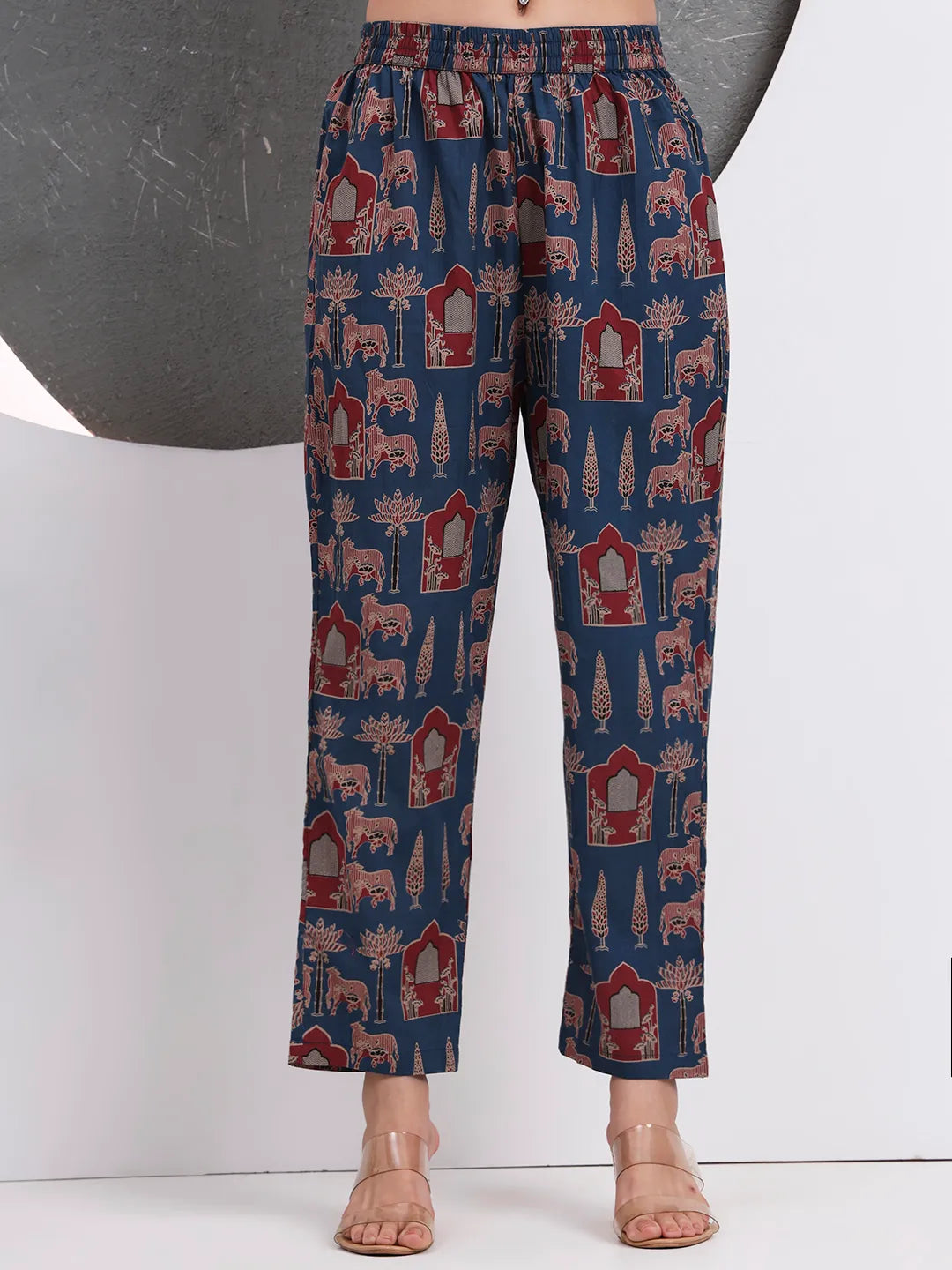 Blue Animal Print Aline Pure Cotton Kurta Trouser Set-Yufta Store-6767SETBLS