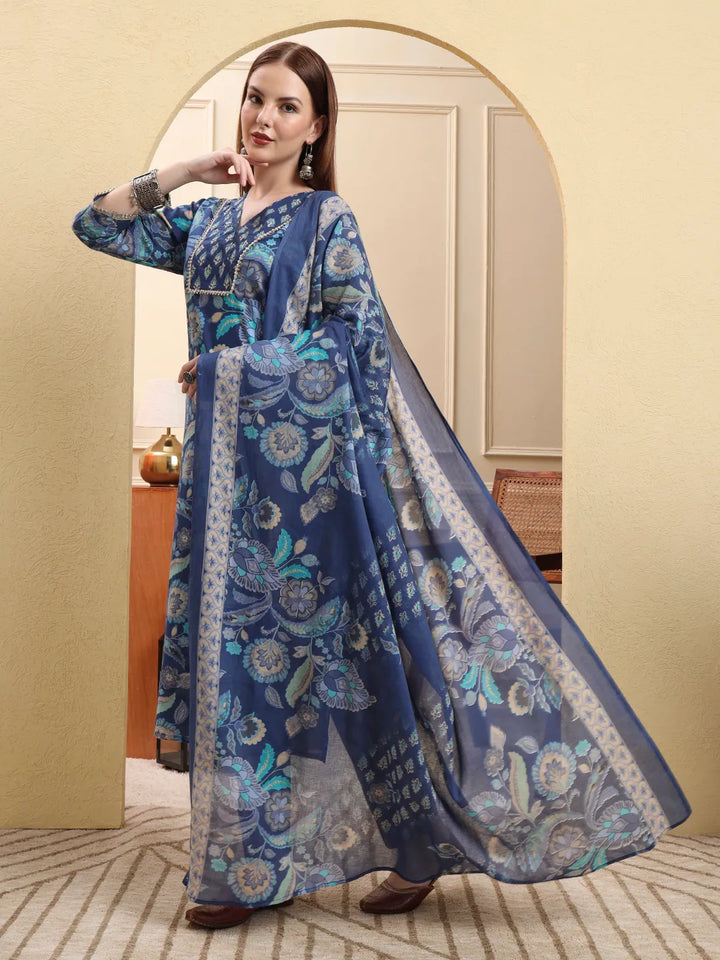 Blue Beads And Stones Straight Kurta Trouser Dupatta Set