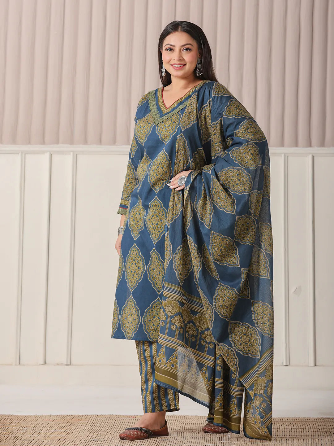 Blue Block Print Cotton Lace Work Plus Size Kurta Set With Pant & Dupatta-Yufta Store-6360PSKDBL3XL
