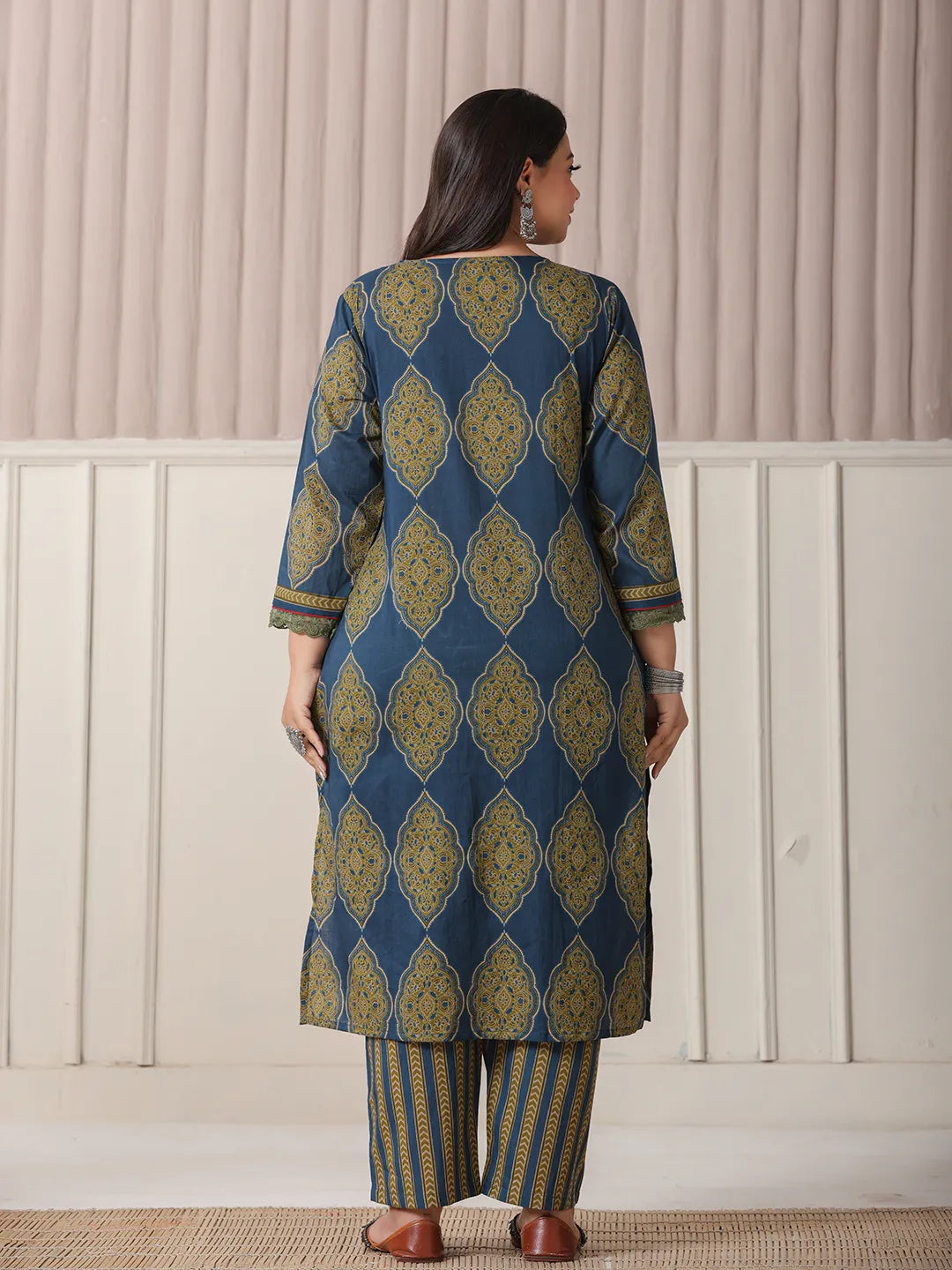 Blue Block Print Cotton Lace Work Plus Size Kurta Set With Pant & Dupatta-Yufta Store-6360PSKDBL3XL