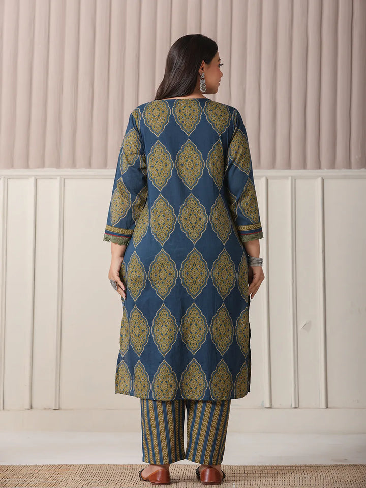 Blue Block Print Cotton Lace Work Plus Size Kurta Set With Pant & Dupatta-Yufta Store-6360PSKDBL3XL