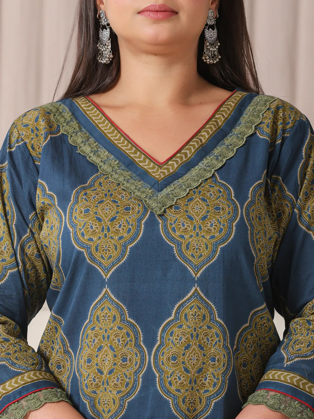 Blue Block Print Cotton Lace Work Plus Size Kurta Set With Pant & Dupatta-Yufta Store-6360PSKDBL3XL