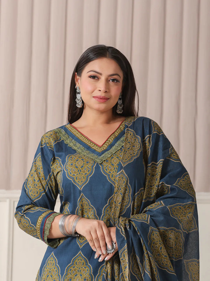 Blue Block Print Cotton Lace Work Plus Size Kurta Set With Pant & Dupatta-Yufta Store-6360PSKDBL3XL